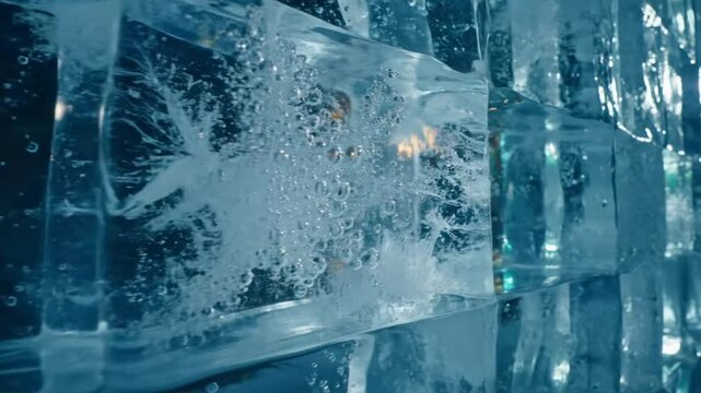 Close up view of translucent ice blocks forming a wall, showing bubbles and interior light reflections