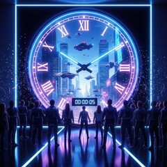 Futuristic neon cityscape with a crowd gathered before a glowing oversized clock in a sci fi inspired skyline.