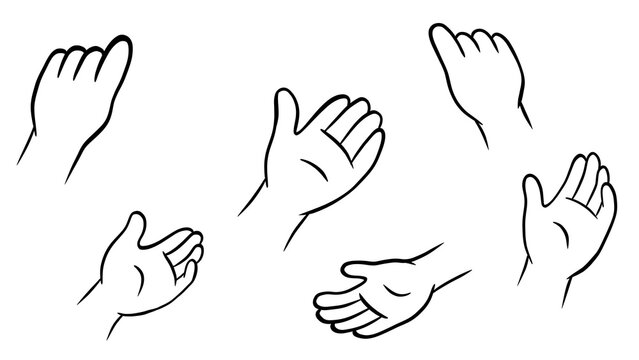 Set of six line art illustration of human hands in various gestures on a transparent background; vector graphic style.