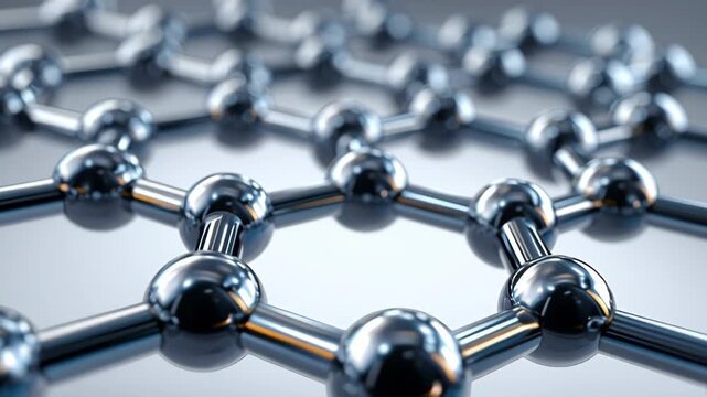 Metallic molecular structure with interconnected spheres and rods, showcasing a detailed view of a crystalline lattice pattern in a reflective environment with soft lighting effects