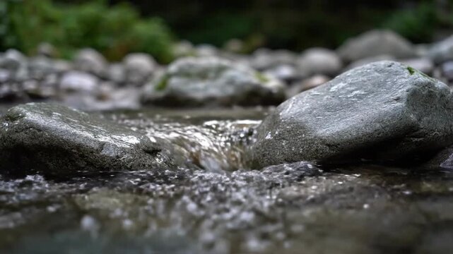 Close up of a shallow stream flowing over smooth grey rocks and pebbles Water glistens reflecting the natural surroundings A serene natural scene