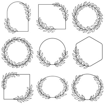 Big set of floral round frames. Vintage laurel wreaths collection. Vertical hand drawn groovy postcard nature print, trendy leaf shape background. Hand drawn vector laurel leaves decorative elements.