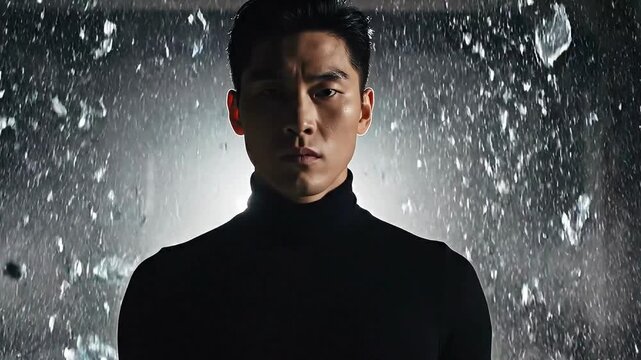 Determined man in black turtleneck facing forward with shattered glass background