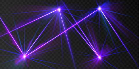 Fototapeta premium Dynamic purple laser lights shine vividly on a dark backdrop. Perfect for nightclub posters, digital overlays, and motion graphics. Adds depth, motion, and vibrant energy.