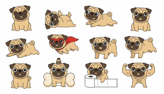 Cartoon pug dog characters in various playful poses and actions  