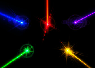 Fototapeta premium Multi-colored laser beams intersect and flash vividly in dark. Perfect for abstract designs, party graphics, and digital artwork. Adds motion, energy, and futuristic appeal.