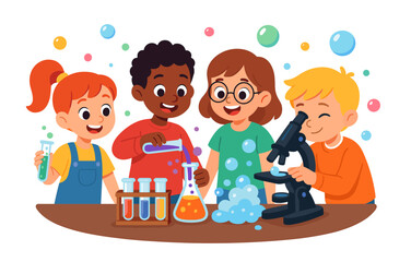 Children in science class engaging in exciting chemistry experiments with microscope and test tubes