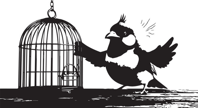 Bird escaping from an open cage symbolizing freedom and escape.