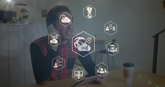 Multiple graduation hats icons against caucasian female teacher smiling at home