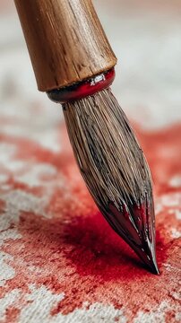 Artistic view Paintbrush dabs vibrant red paint onto a textured surface, creating a bold, close-up composition