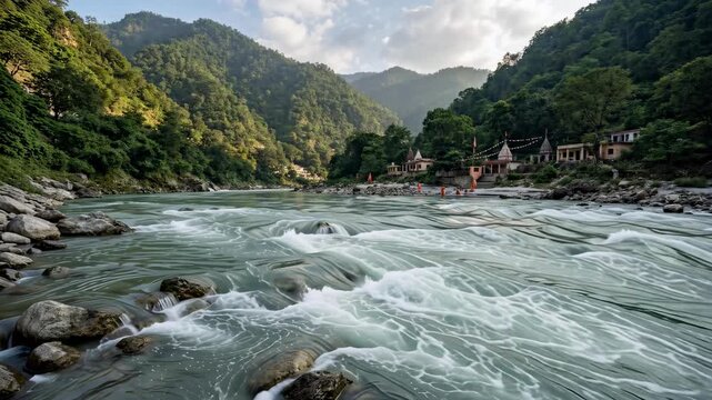 Static shot of Ganges river flowing rapidly at Rishikesh with green hills background and white foam on water in spiritual nature