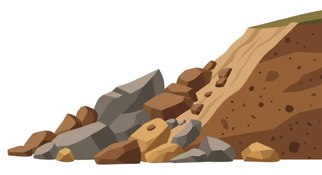A detailed illustration of a landslide or rockfall with various sizes of rocks and earth debris at the base of a sloped hill.