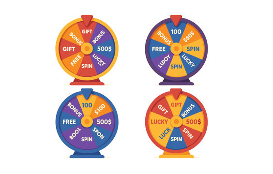 Colorful prize wheel set with gifts, bonuses, and free spins in a flat style