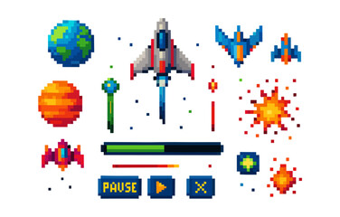 Retro pixel art space assets with spaceships and planets for game design