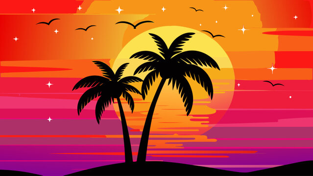 A vibrant vector graphic illustration of a tropical sunset with palm trees and birds in flight