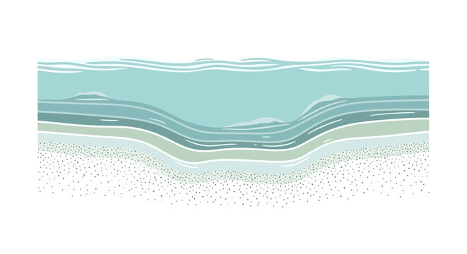 A detailed cross-section diagram illustrating a riverbed or lakebed with distinct sediment layers and a central depression.