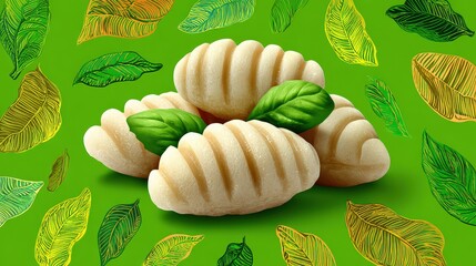 Fresh Italian Potato Gnocchi with Basil Leaves on Green Background