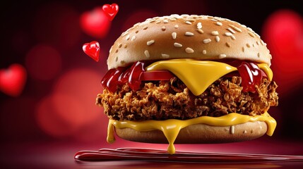Delicious Crispy Chicken Burger with Melting Cheese and Hearts