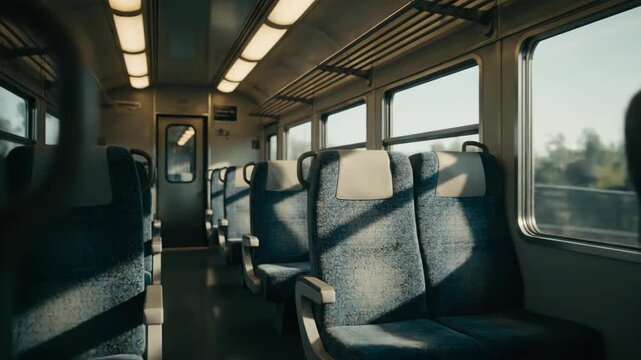 Sunlight streams through train windows illuminating empty seats Diagonal shadows create a dramatic effect on the interior of this passenger carriage during daylight