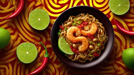Spicy Shrimp Noodle Bowl with Fresh Lime and Chili Peppers