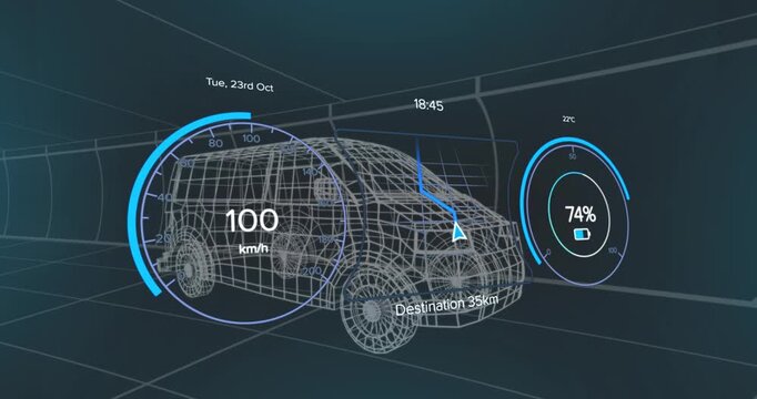 Animation of speedometer and power level over van project on black background