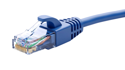 Blue ethernet cable connector isolated on transparent background