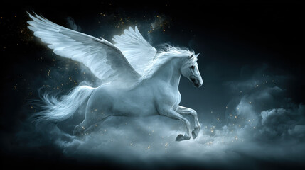 Majestic Pegasus horse with large feathered wings soaring through dark starry sky Mythical horse, Pegasus, gallops through ethereal clouds illuminated by scattered golden sparks against deep night sky
