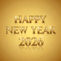 Golden Happy New Year 2026 Greeting with Shiny Metallic Text on Yellow Background.