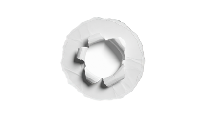 Torn paper hole with curled edges on a white background