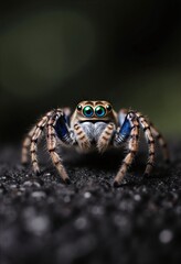 Macro close-up of jumping spider with iridescent blue-green eyes and detailed facial features on dark textured surface against blurred  background, copy space