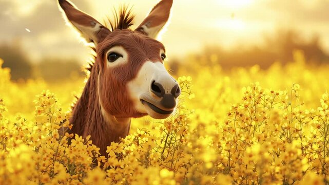 Donkey stands in a field of yellow flowers during sunset