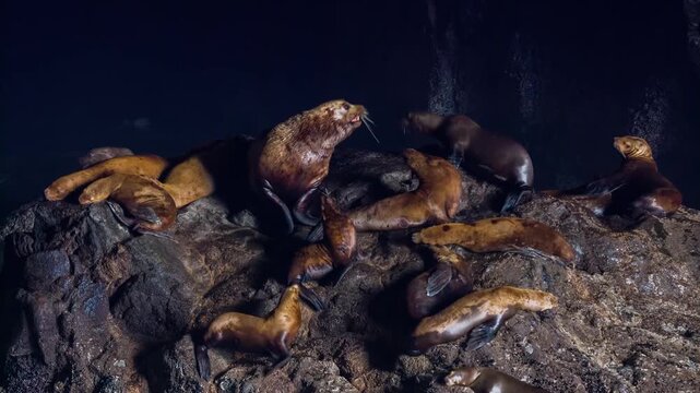 Footage of a colony of wild Steller and California sea lions (Eumetopias jubatus and Zalophus californianus) resting on rocky ledges inside the Sea Lion Caves, America's largest sea cave, located sout