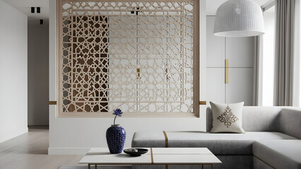 Modern living room with intricate screen and blue vase