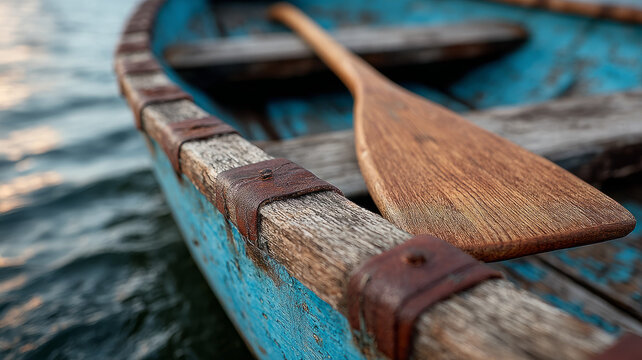 Rustic wooden boat with paddle on calm lake water - Powered by Adobe