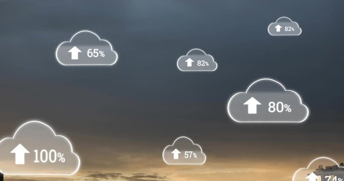 Animation of clouds with electronic devices over landscape