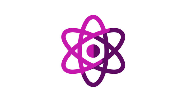 Stylized, geometric representation of an atomic structure, comprised of looping shapes in shades of purple