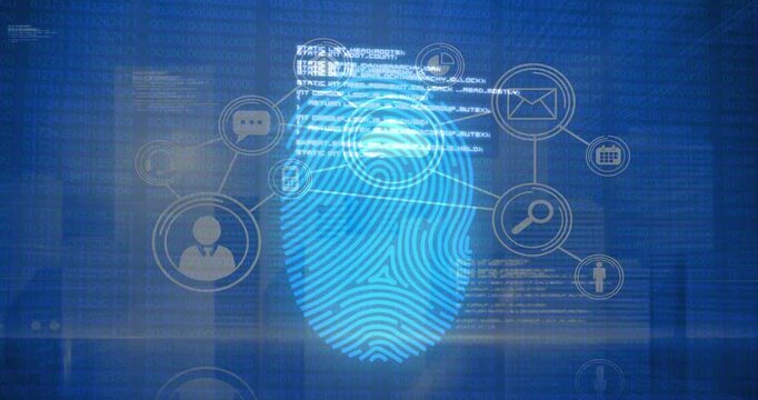 Animation of data processing and network of connections over fingerprint icon on blue background