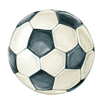 Watercolor hand drawn black and white football or soccer ball. Illustration clipart isolated on white background