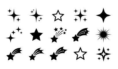 Fototapeta premium Minimalist black sparkle and shooting star icon set with decorative flat star symbols