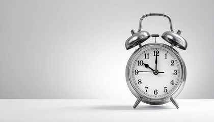 Classic metallic alarm clock showing 10:10 on a white surface with soft gray background.