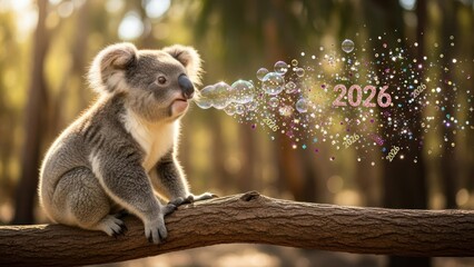 Playful puppy resting on a sunlit log in nature during golden hour.