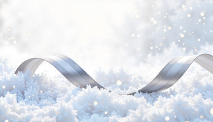 silver ribbon gracefully curves over a snowy landscape with sparkling flakes creating a serene winter atmosphere, perfect for holiday celebrations and seasonal presentations
