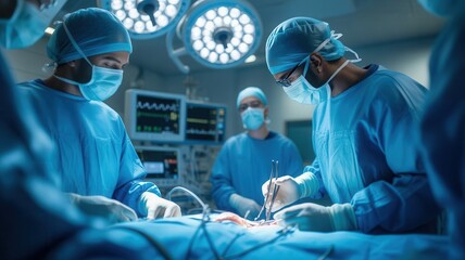 Intensive surgical operation in progress surgeons and medical team performing complex procedure under bright operating room lights