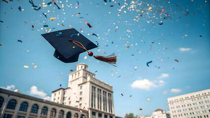 Graduation cap with a red tassel flies through blue sky amidst golden confetti, celebrating academic achievement and new beginnings