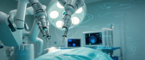 Advanced robotic surgery system performing minimally invasive procedure in modern operating room with digital overlays