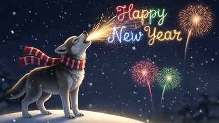 Happy New Year celebration with a scarfed husky under fireworks in a snowy night.