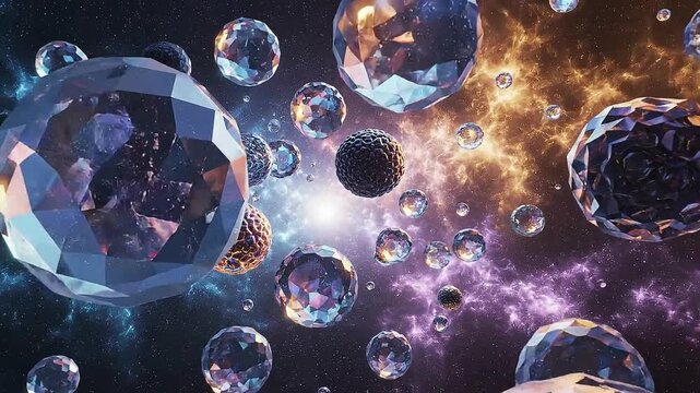 Cosmic abstract art depicting a multiverse of glowing crystalline spheres in nebulae.