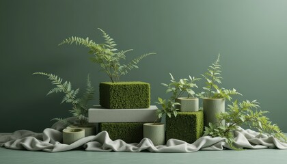 Modern Botanical Still Life with Fabric and Moss