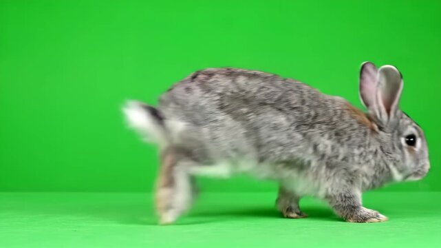 Grey Rabbit Walking on Green Background.