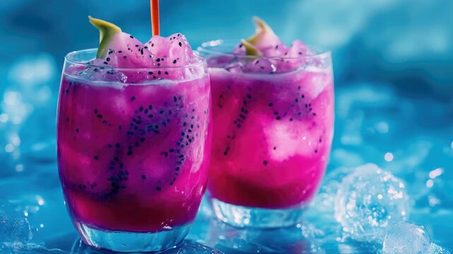 Two refreshing pink drinks on a white surface with ice cubes melting around them, perfect for summertime relaxation or social gatherings.